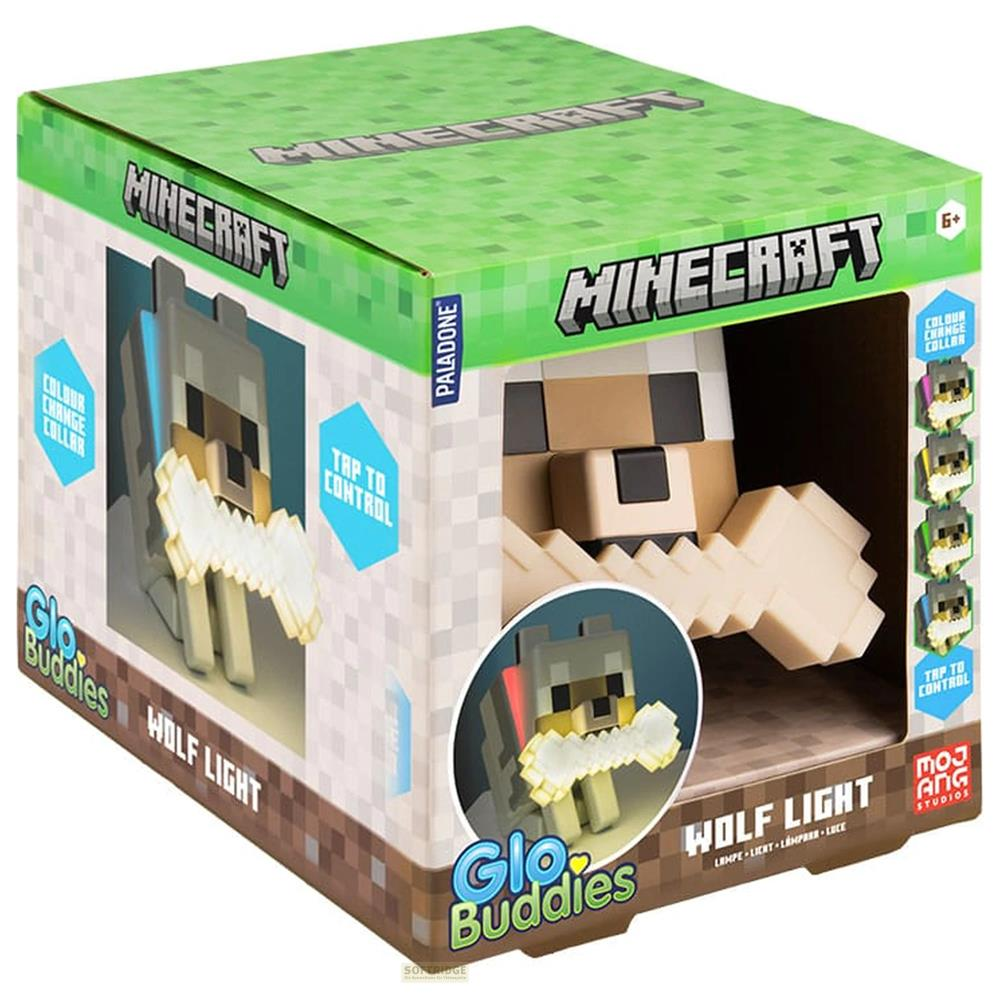 Minecraft Wolf Lampe auf der Verpackung mit Knochen im Maul.
