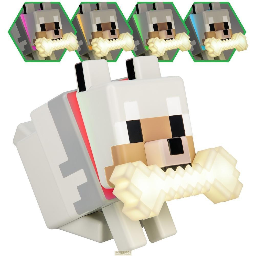 Minecraft-Hundelampe mit Knochen im Maul, im Hintergrund vier weitere Lichter.