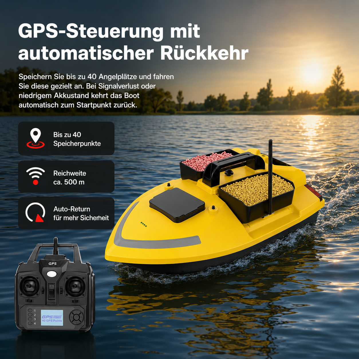 Gelbes Angelboot mit Köderbehältern und Fernbedienung auf dem Wasser.
