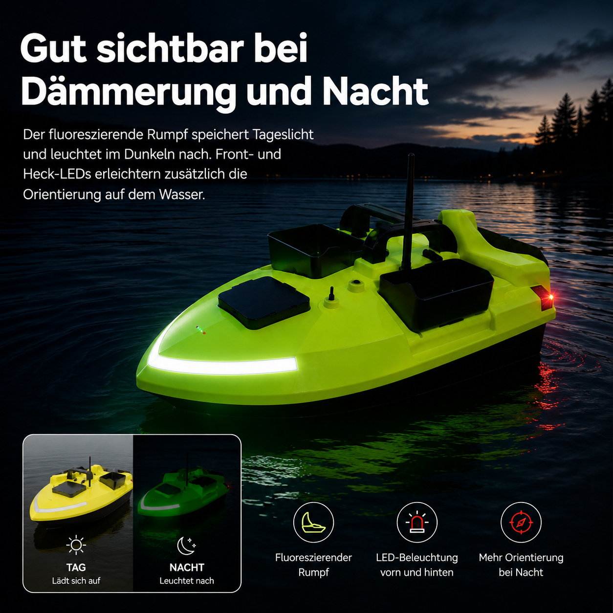 Ein neongelnes Angelboot auf dem Wasser bei Dämmerung mit Front- und Heck-LEDs.
