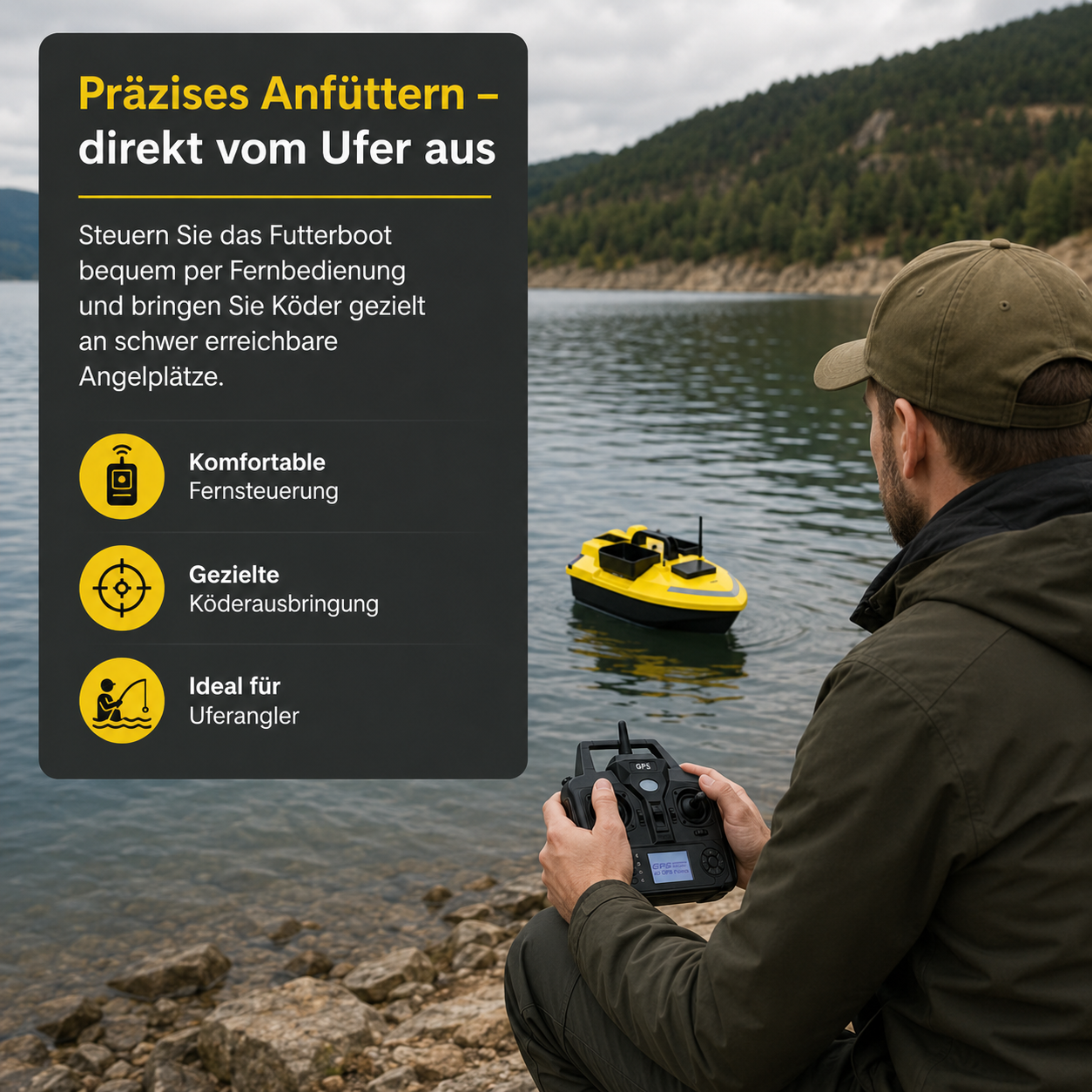 Mann bedient gelbes Futterboot mit Fernsteuerung am Seeufer. Berge im Hintergrund.