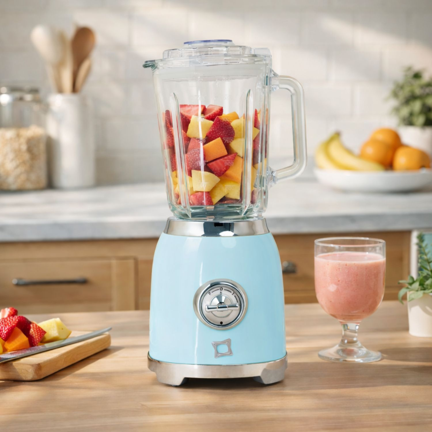 Un frullatore azzurro pieno di frutta, accanto a un bicchiere di frullato.