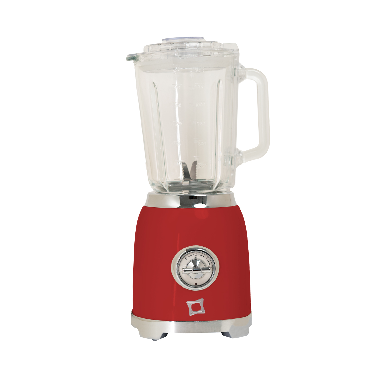 Frullatore rosso stile retrò con caraffa in vetro e accenti cromati.