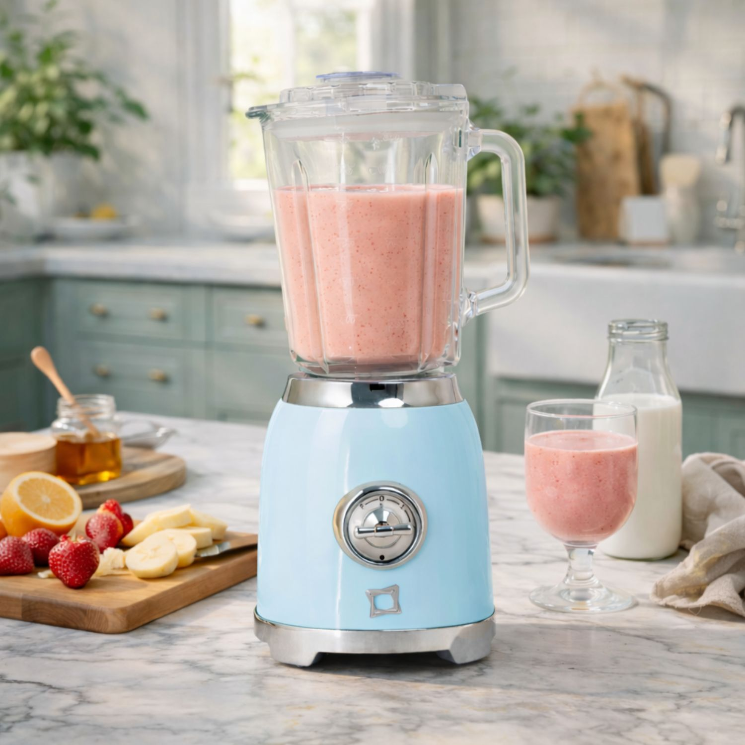 Frullatore azzurro con frullato di fragole, bicchiere e ingredienti vicini.