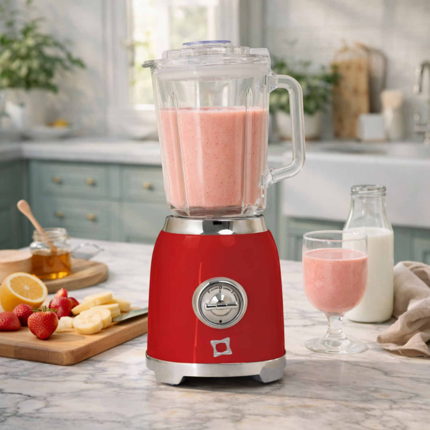 Un frullatore rosso con frullato di fragole, ingredienti e un bicchiere.