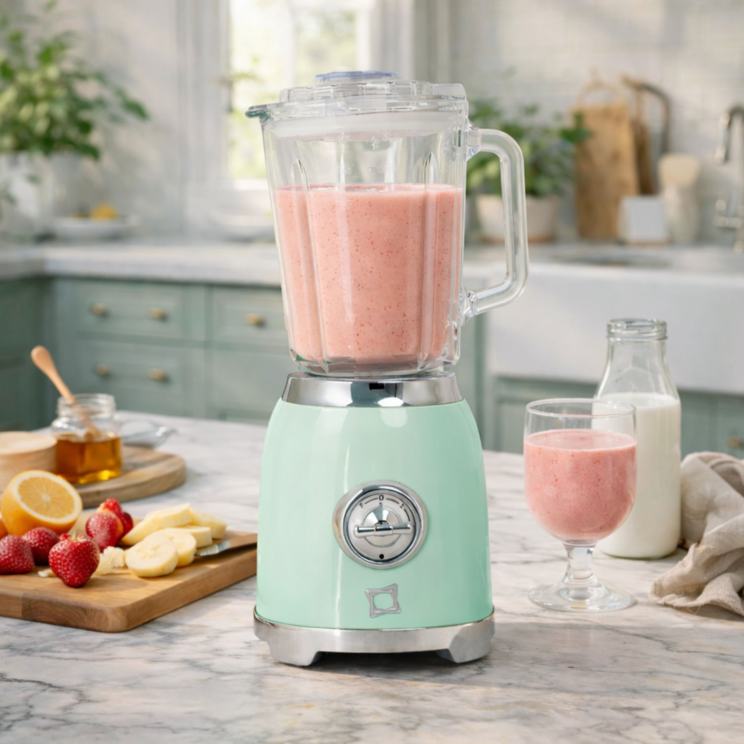 Un frullatore verde menta con un frullato di fragole nella caraffa e nel bicchiere.