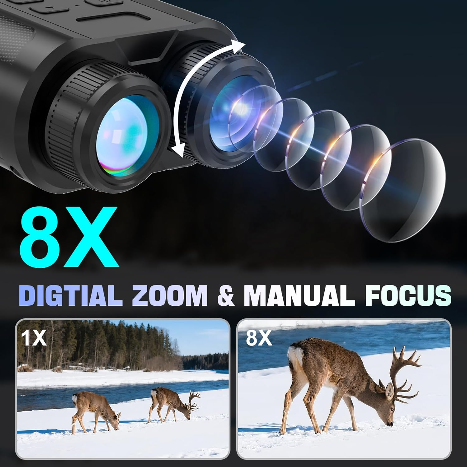 Digitale Fernglas mit 8-facher Vergrößerung, zeigt Hirsch im Schnee bei 1-facher und 8-facher Vergrößerung.