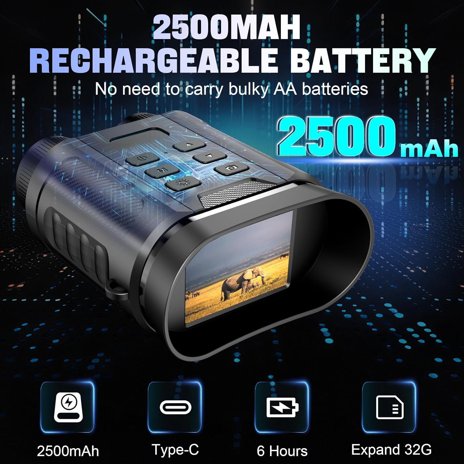 Digitales Nachtsichtgerät mit 2500mAh Akku, Typ-C, 6 Std. Nutzung, erweiterbar auf 32GB.