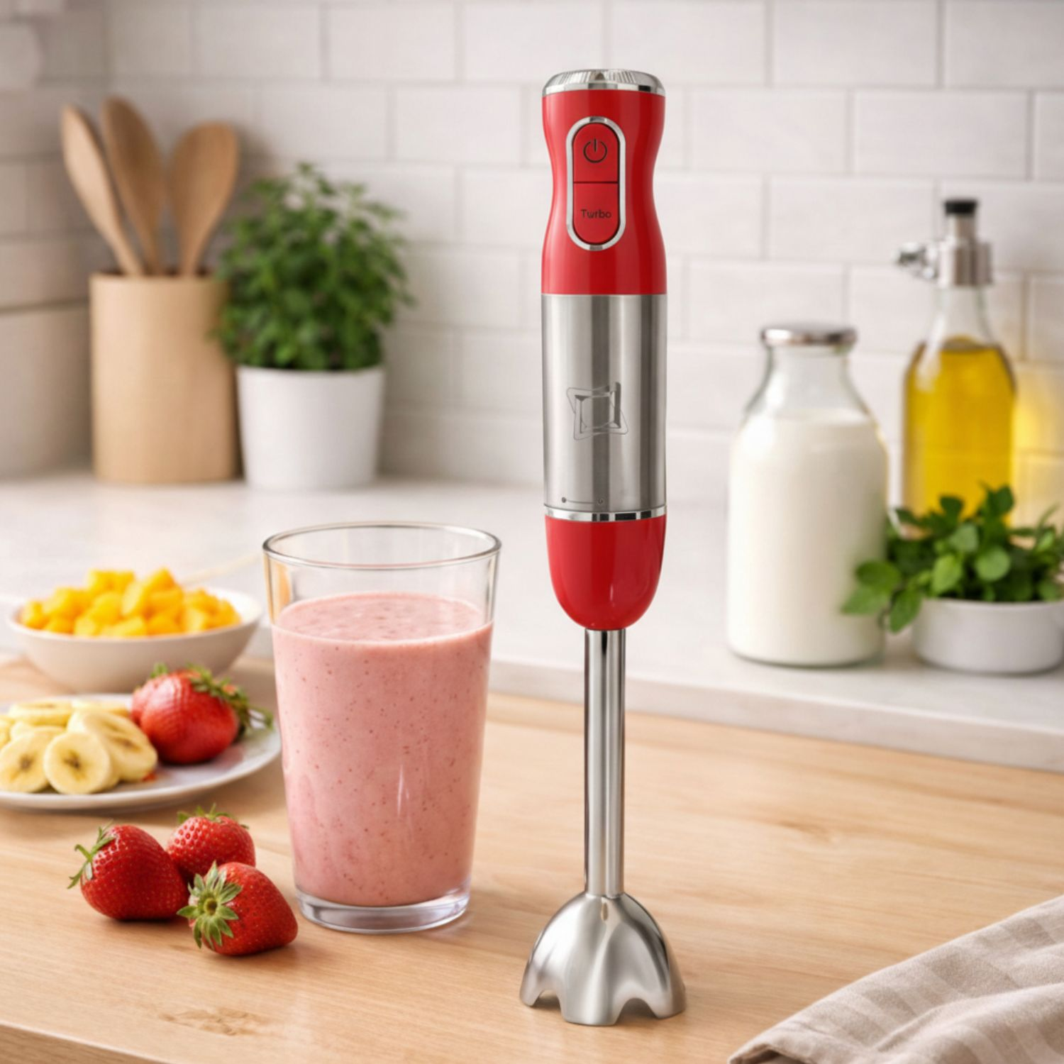 Un frullatore a immersione rosso accanto a un bicchiere di frullato di fragole, fragole e banane.