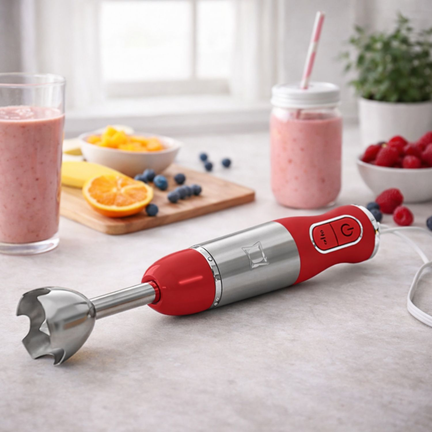 Frullatore a immersione rosso e argento con frullati, frutta e bacche su un bancone.