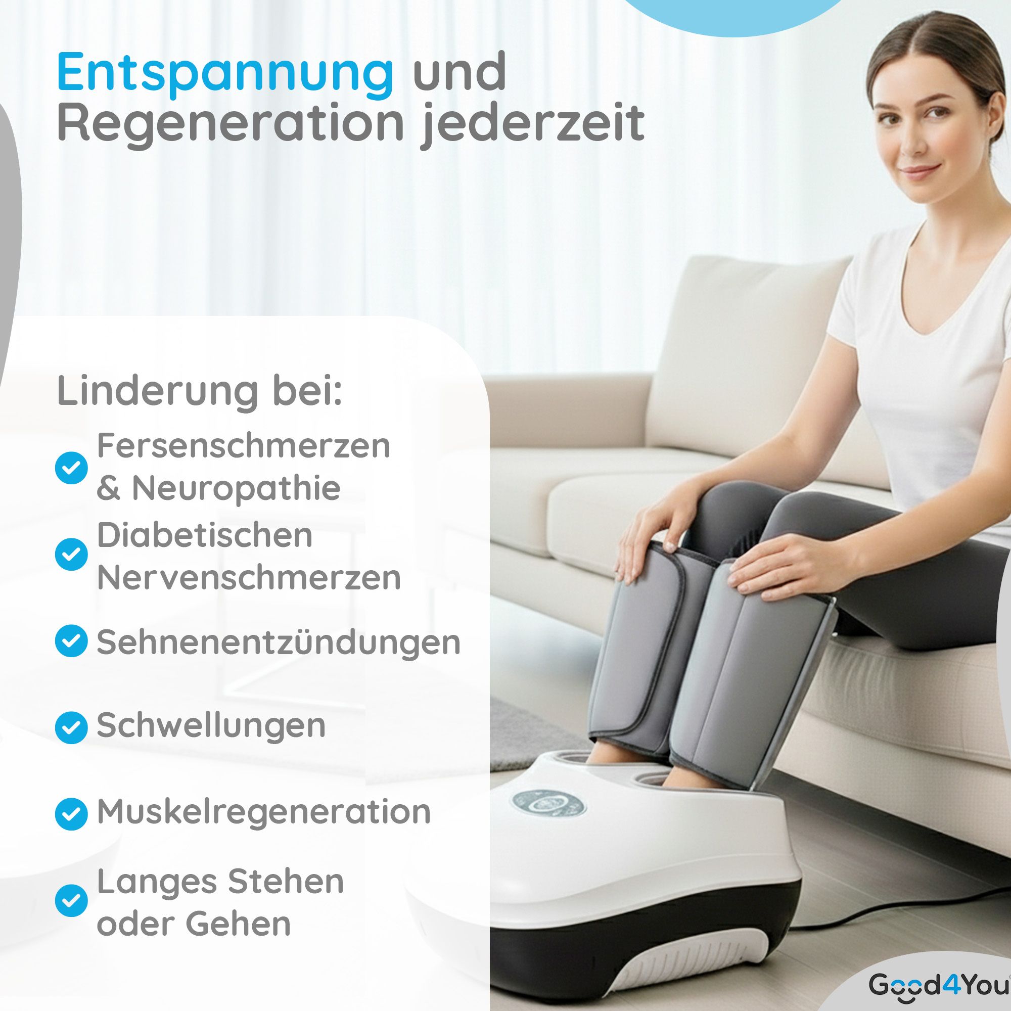 Frau nutzt Fußmassagegerät zur Entspannung und Linderung von Schmerzen.