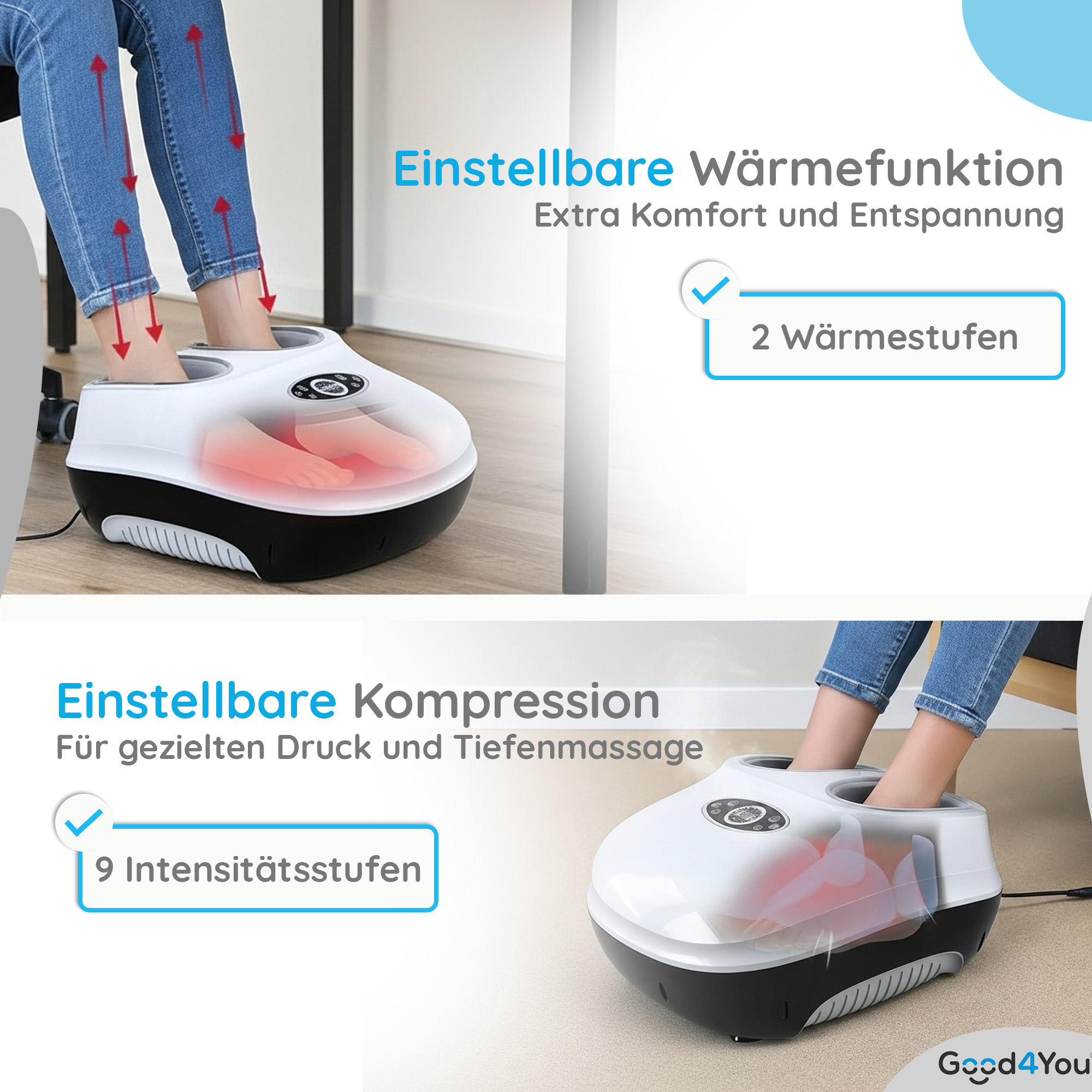 Ein Fußmassagegerät mit Wärmefunktion und einstellbarer Kompression.