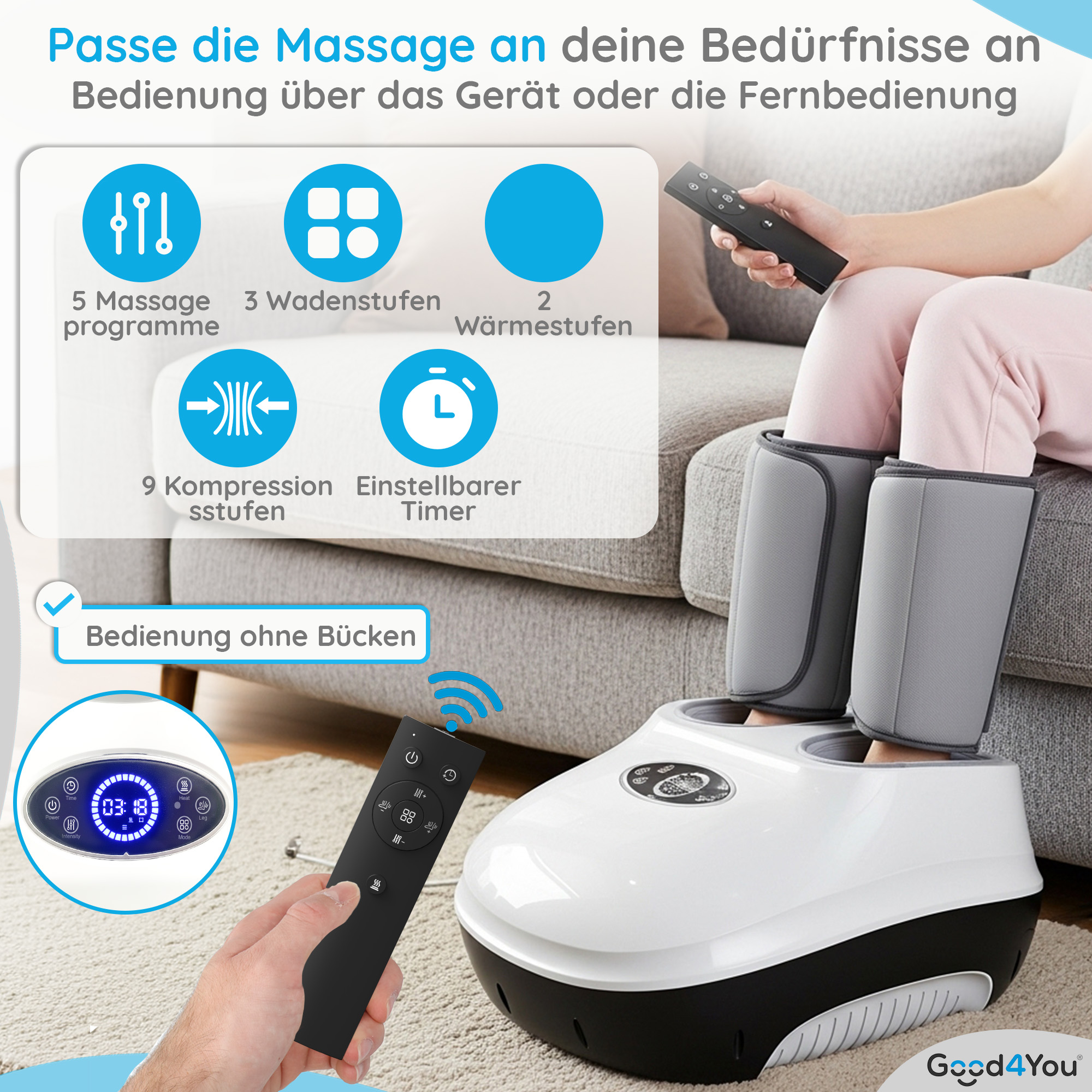 Beine werden mit Massagegerät massiert, Fernbedienung und Display sichtbar.