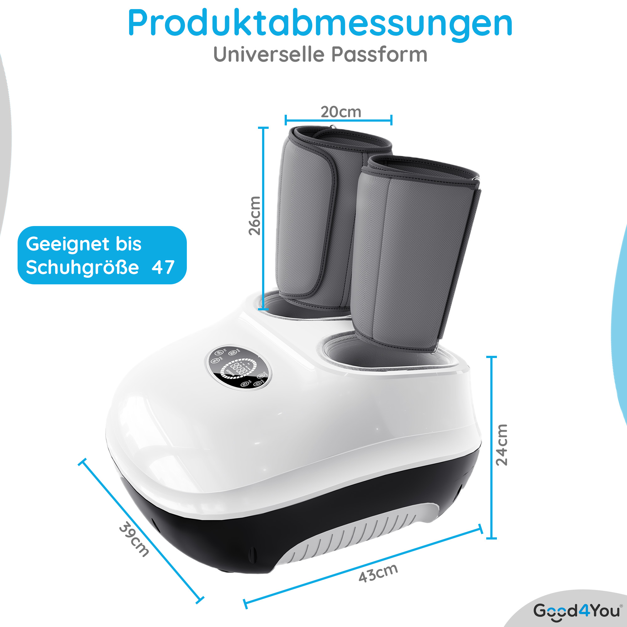 Ein weißes und schwarzes Massagegerät für die Beine mit Maßen.