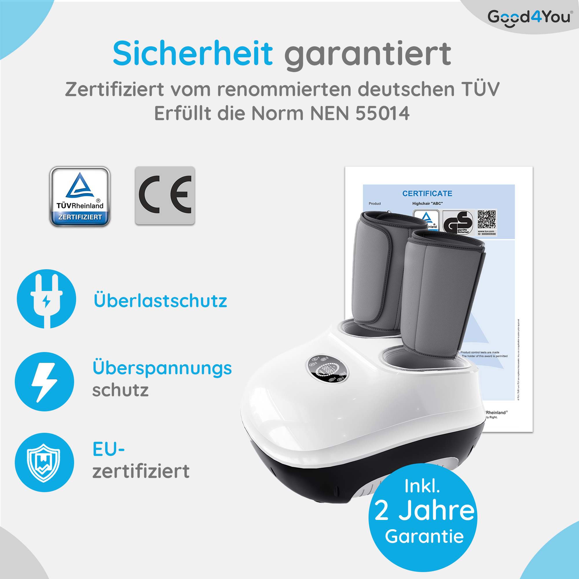 Ein weißes Gerät mit grauen Manschetten, TÜV-Siegel, CE-Zeichen und Garantieangabe.