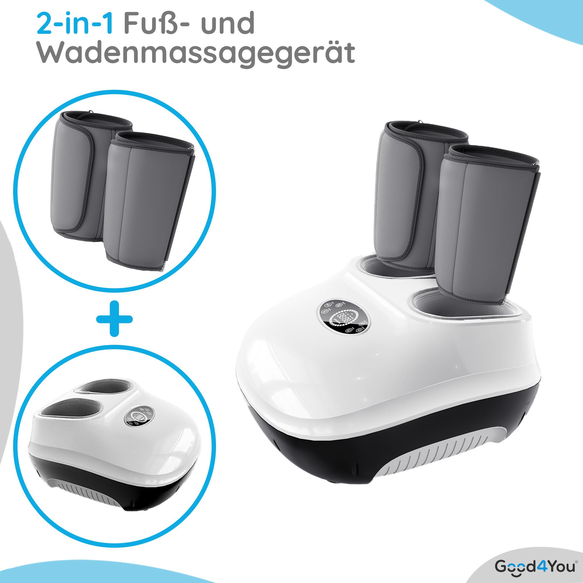 Ein weißes Fuß- und Wadenmassagegerät mit grauen Manschetten und Display.