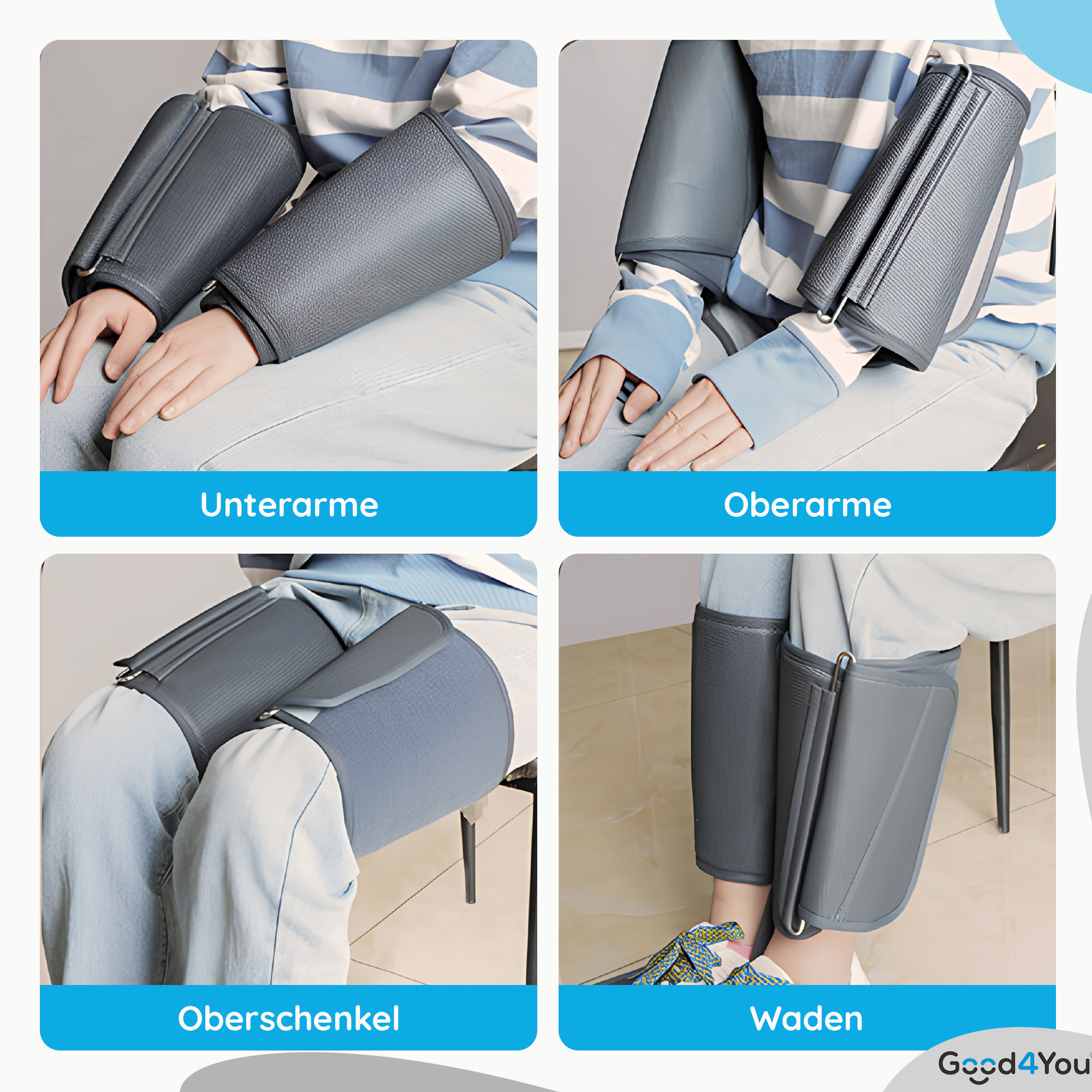 Vier Bilder zeigen Kompressionsmanschetten an Armen, Oberschenkeln und Waden.