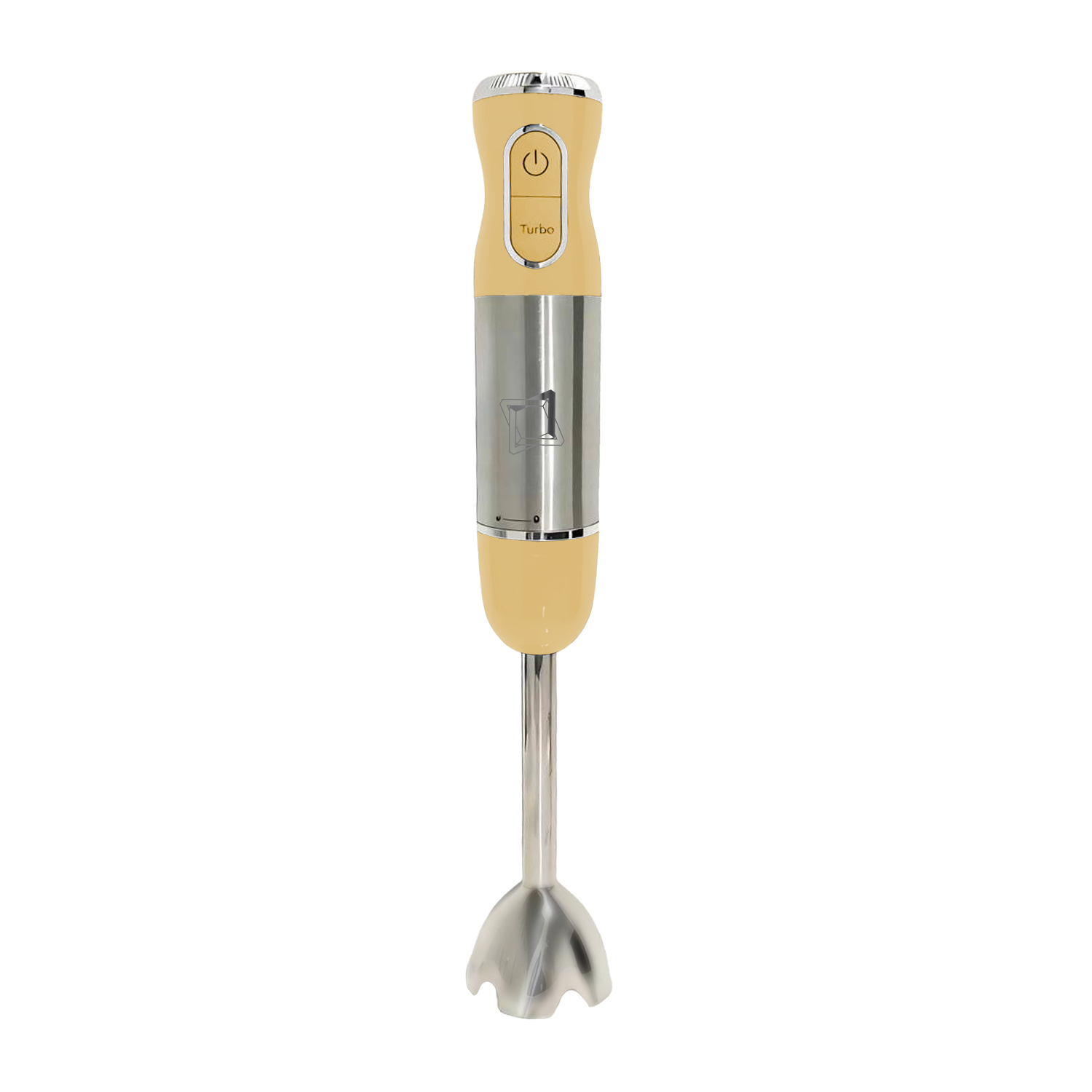 Un frullatore a immersione color crema con albero e lame in acciaio inox.