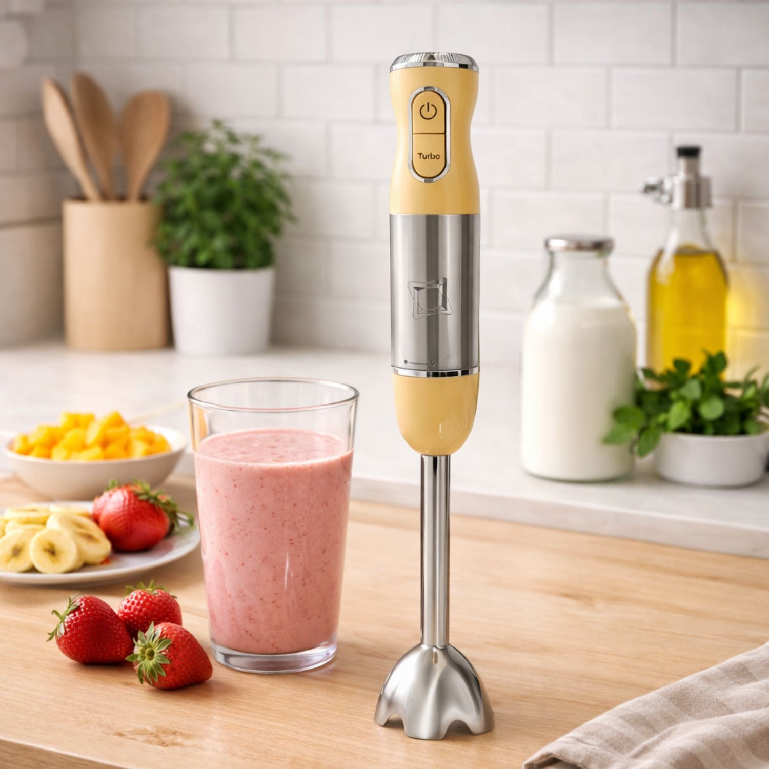 Un frullatore a immersione giallo accanto a un bicchiere di frullato alla fragola, guarnito con fragole e banane.