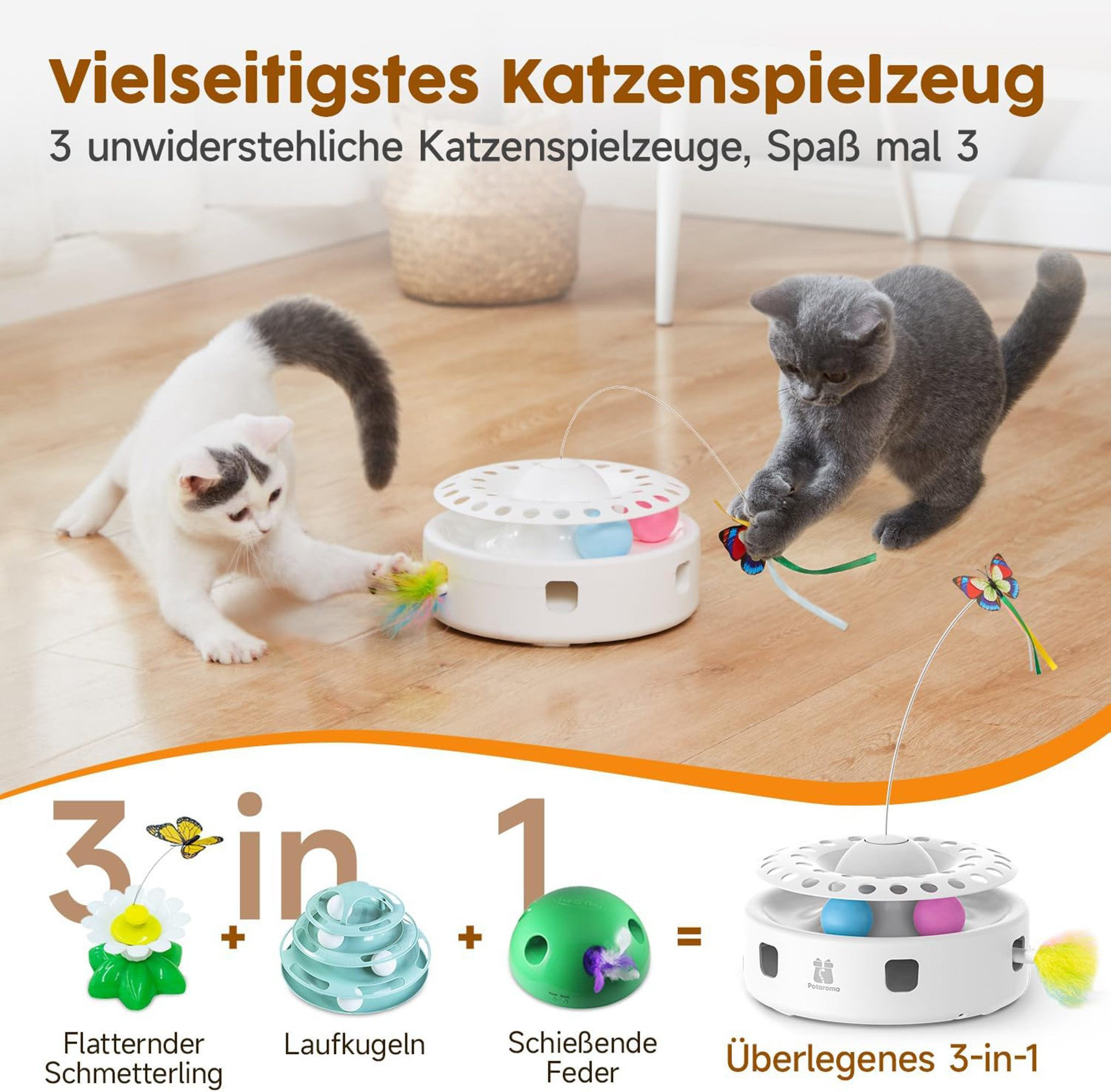 Zwei Katzen spielen mit einem 3-in-1 Spielzeug, das drei Funktionen kombiniert.