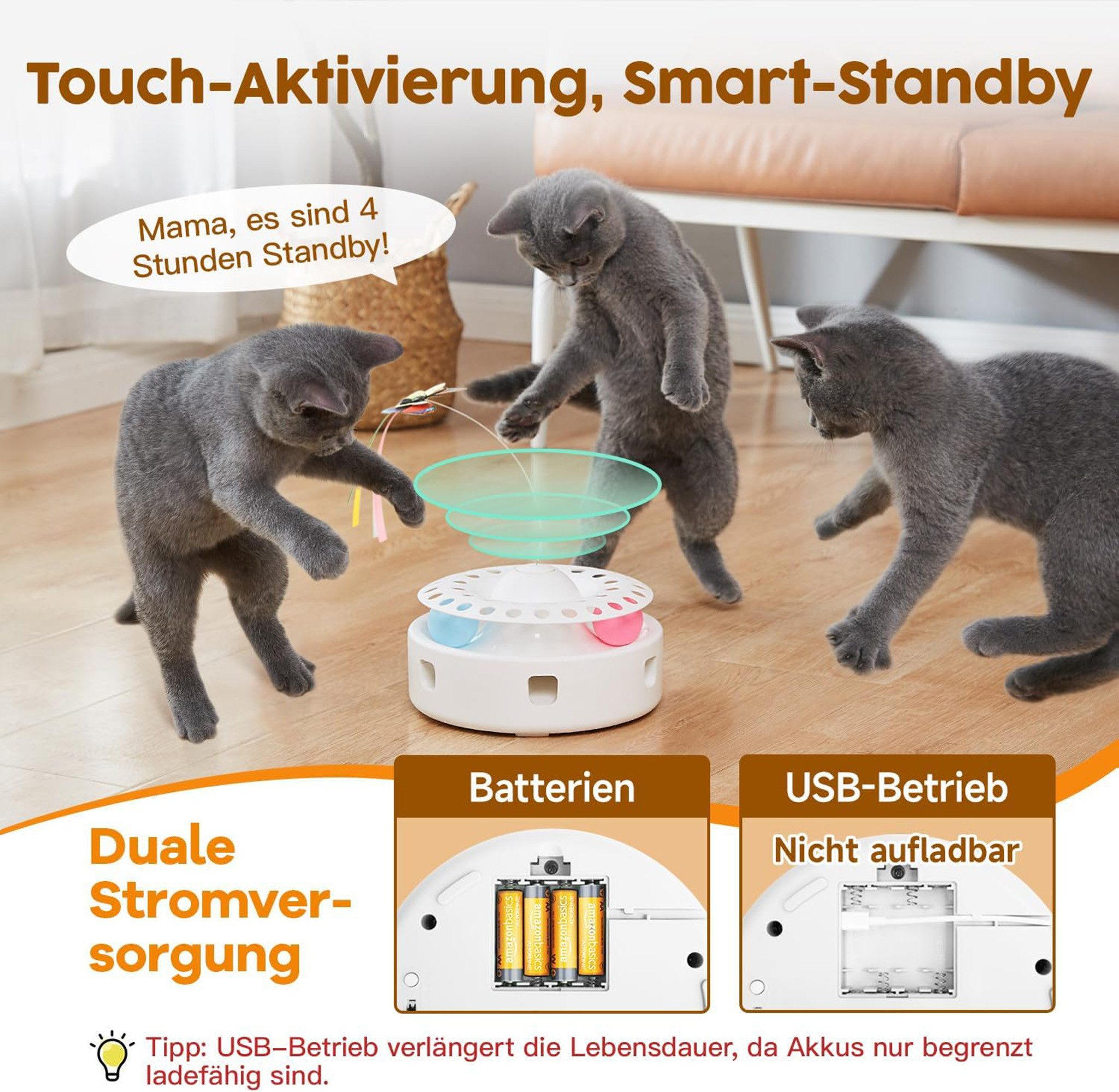 Drei Katzen spielen mit einem interaktiven Spielzeug mit blinkenden Lichtern.