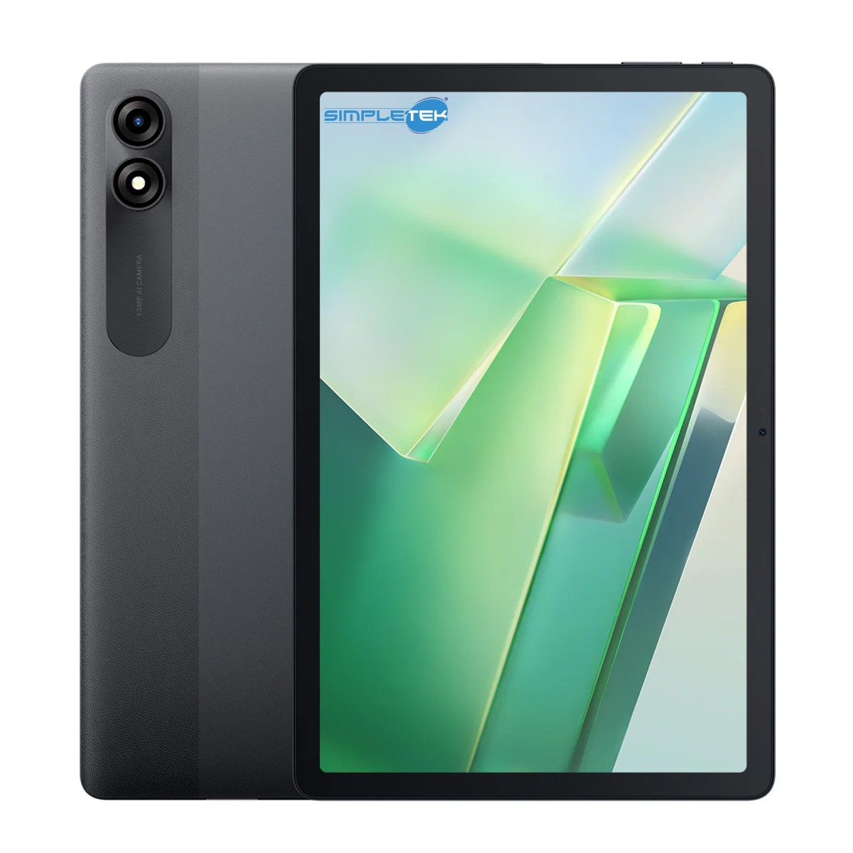 Tablet grigio scuro con doppia fotocamera posteriore e sfondo astratto luminoso.