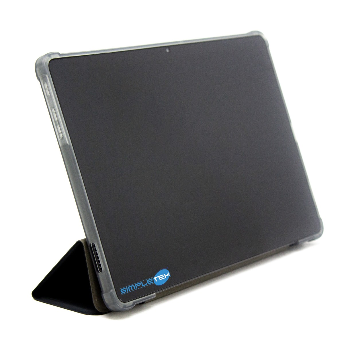 Un tablet in una custodia trasparente con un supporto nero.