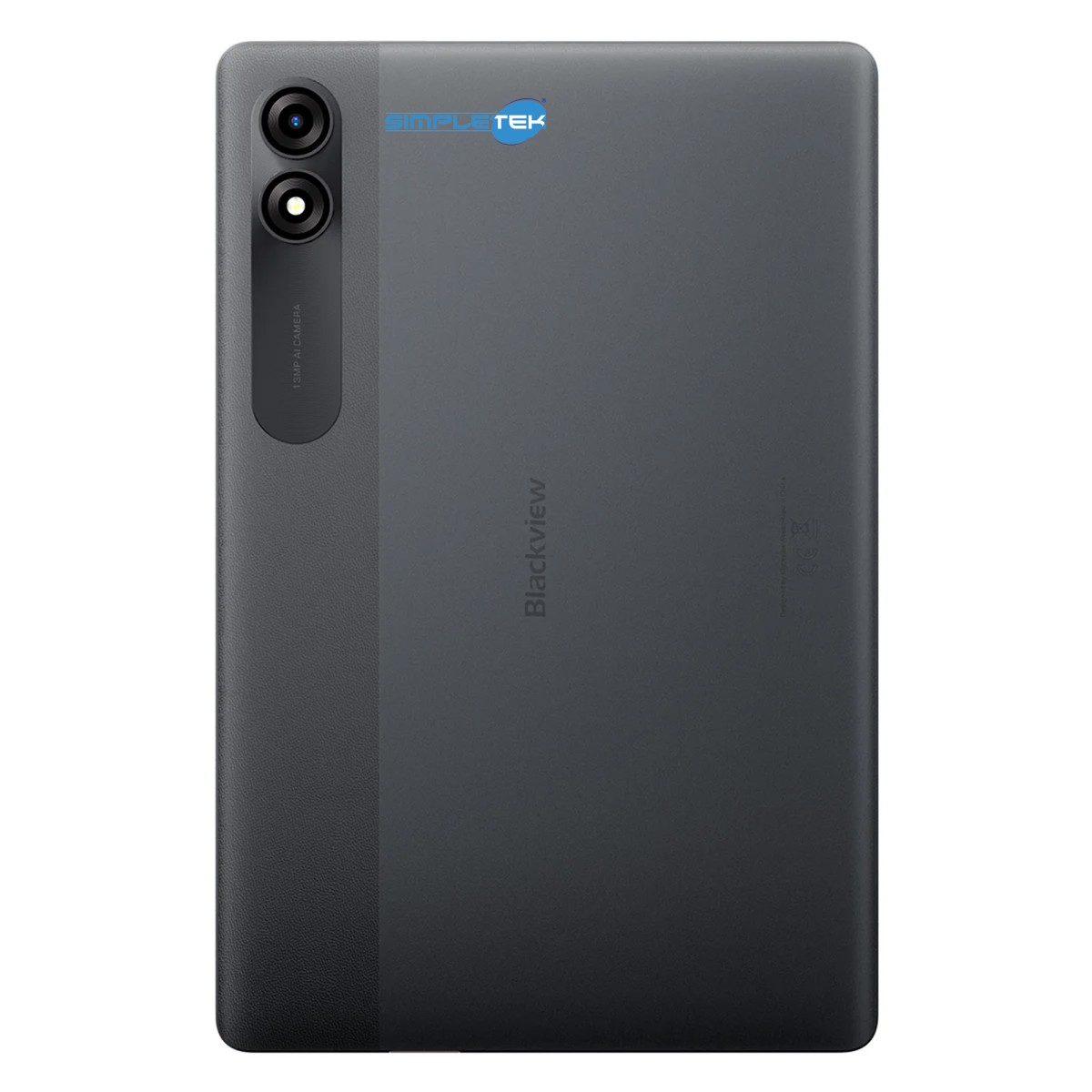 Retro di un tablet nero con doppia fotocamera e logo Simpletek.