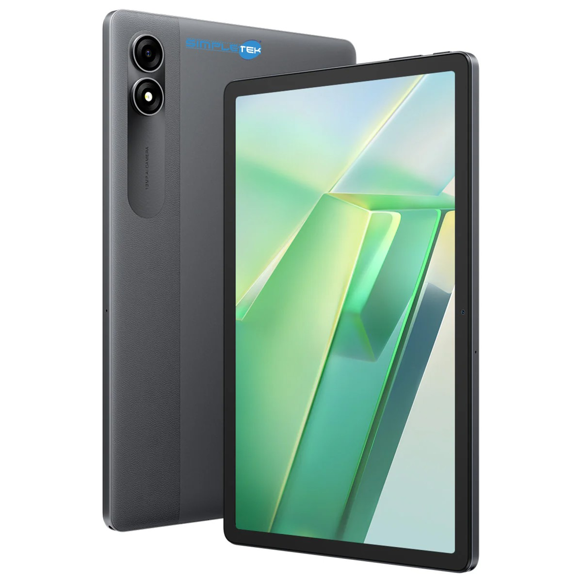 Viene mostrato un tablet grigio scuro, un lato mostra fotocamere e logo, lo schermo mostra forme verdi astratte.