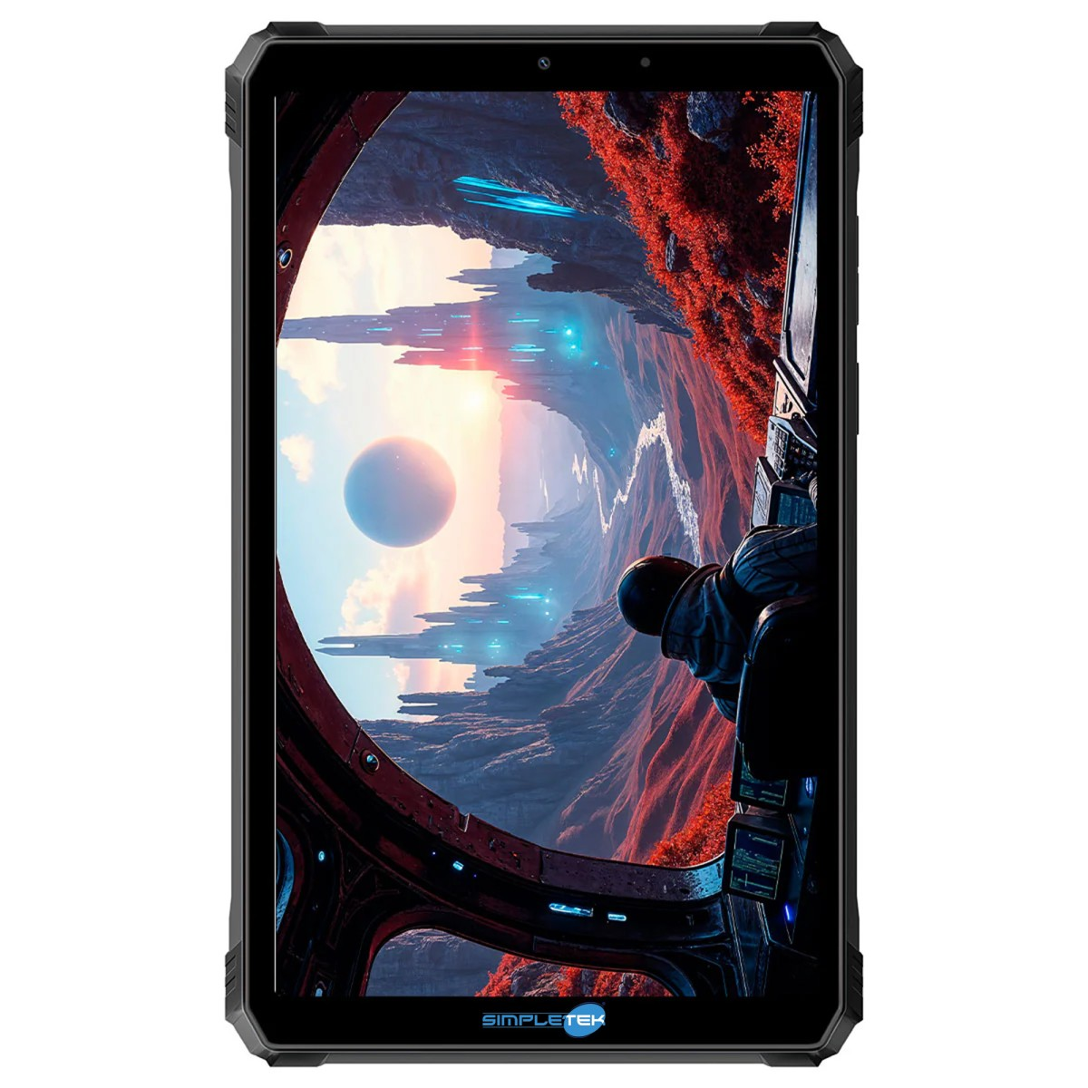 Un tablet mostra un paesaggio futuristico con un astronauta.