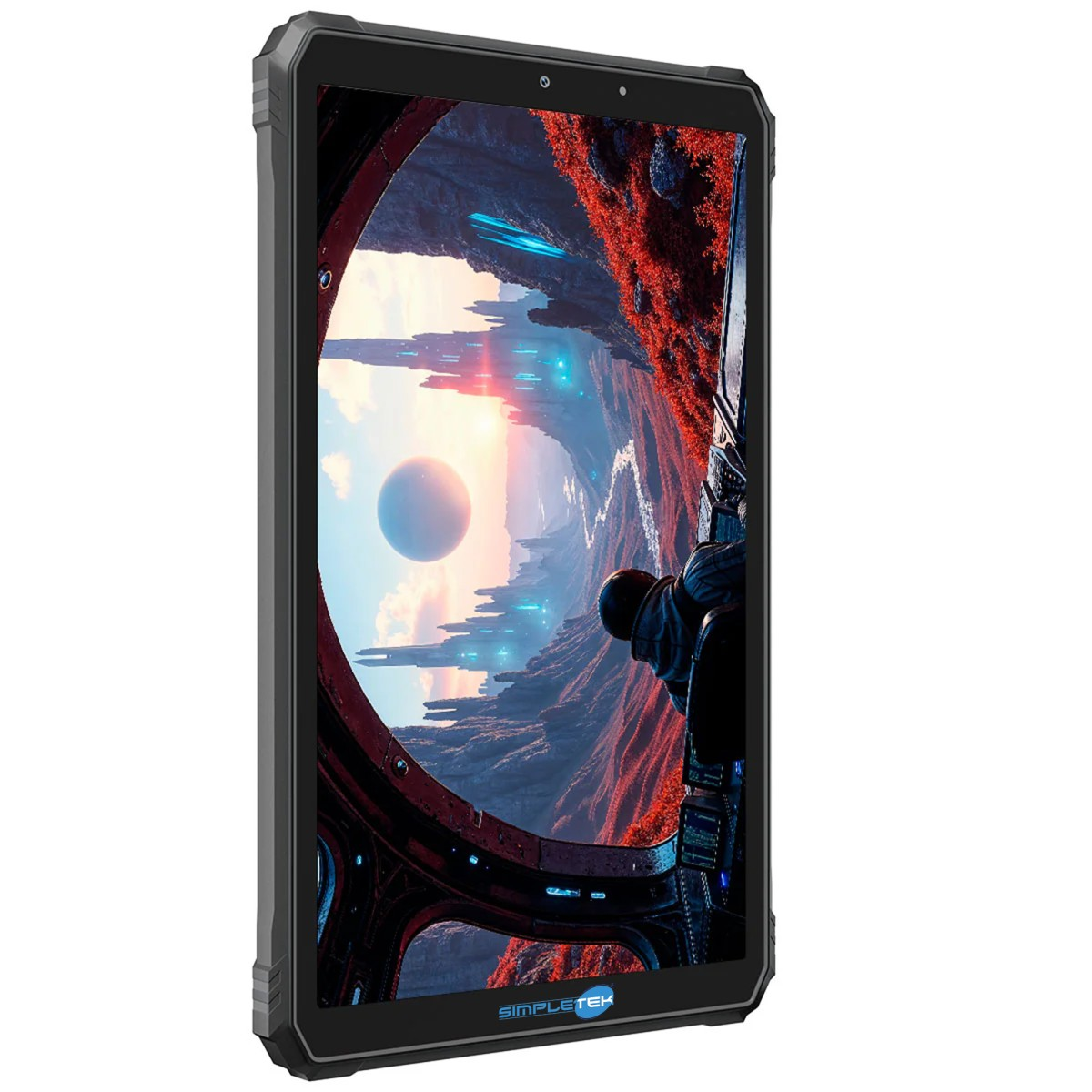 Un tablet mostra un paesaggio futuristico con un pallone e un astronauta.