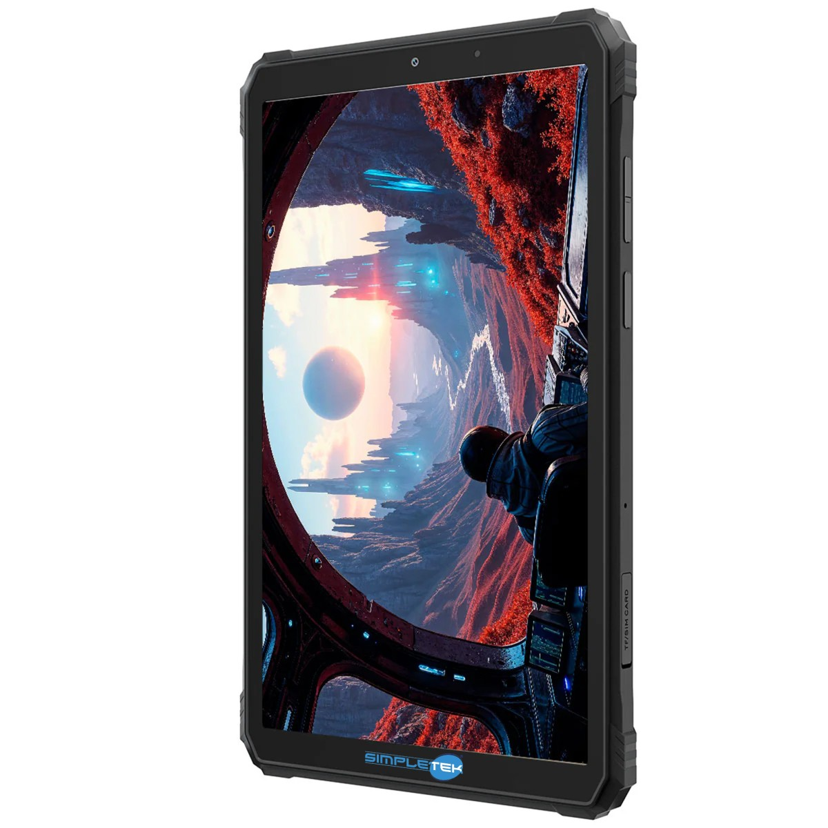 Un tablet mostra un paesaggio futuristico con un astronauta e una grande luna.