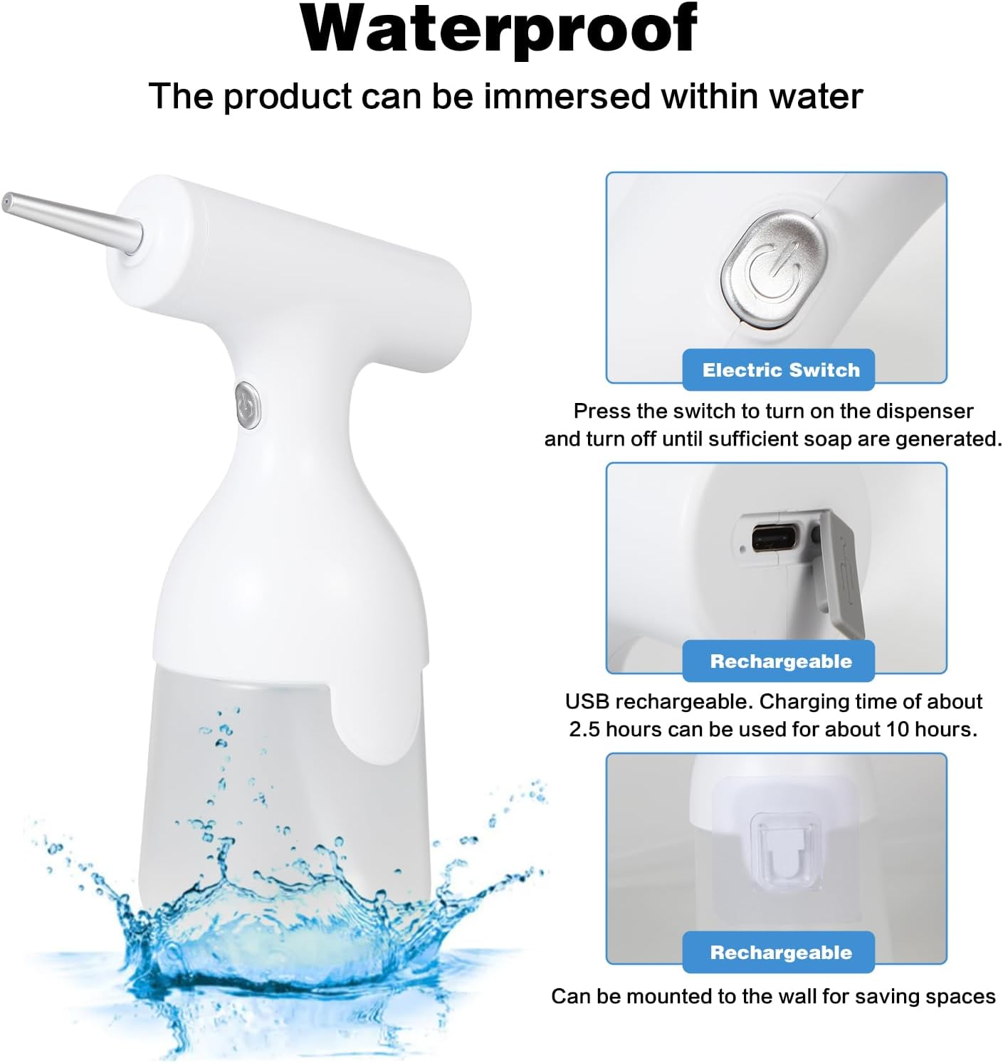 Weißer automatischer Seifenspender mit Wasserspritzern, elektrischem Schalter, USB-Aufladung.