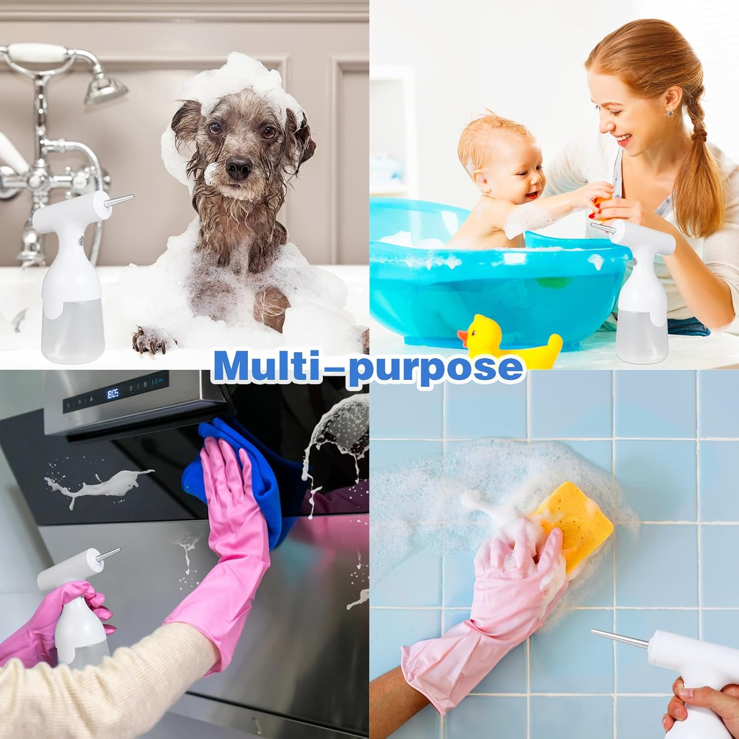 Vier Szenen: Hund badet, Baby badet, Herd reinigen, Fliesen reinigen.