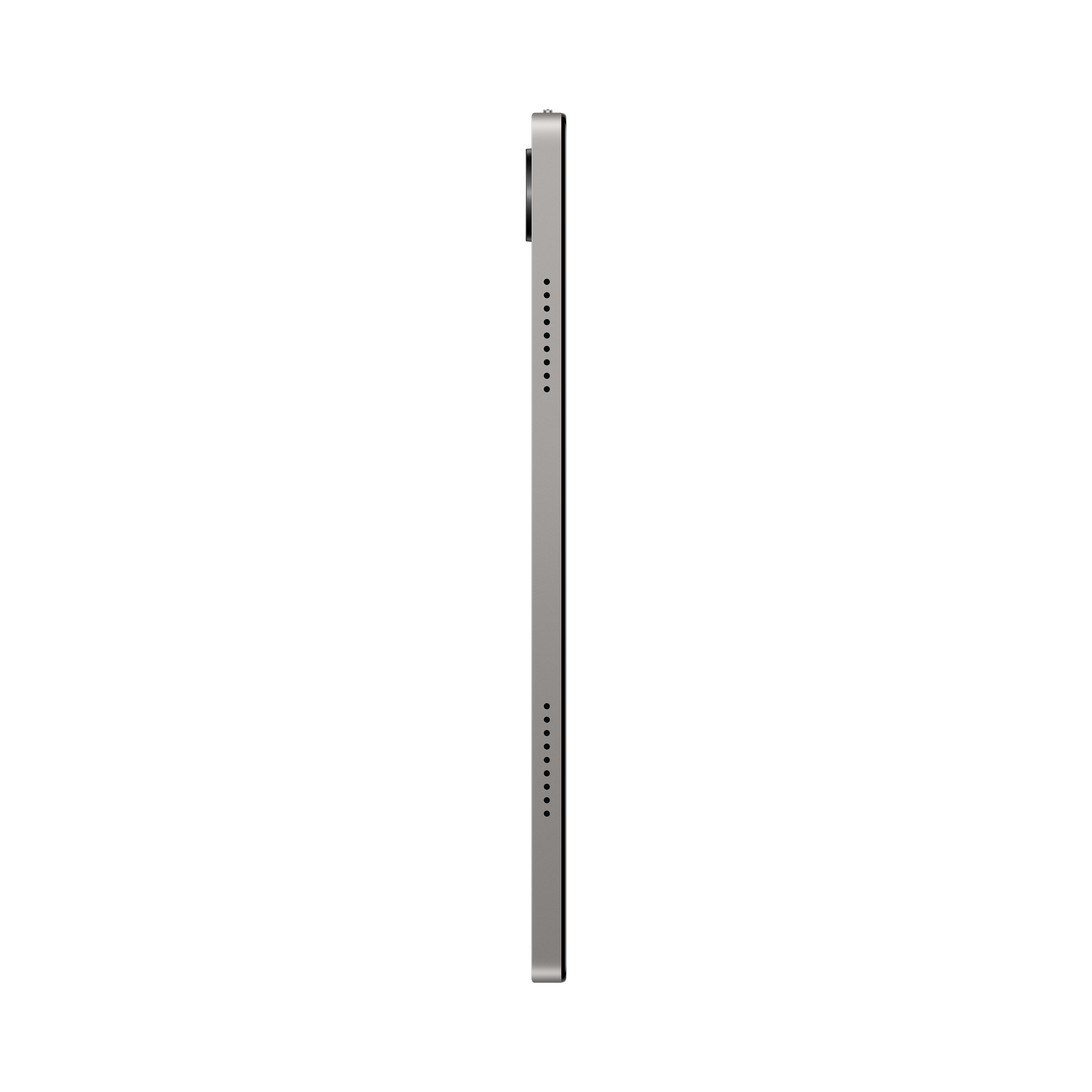 Graues Tablet von der Seite, mit Kameralinse und Lautsprecheröffnungen.