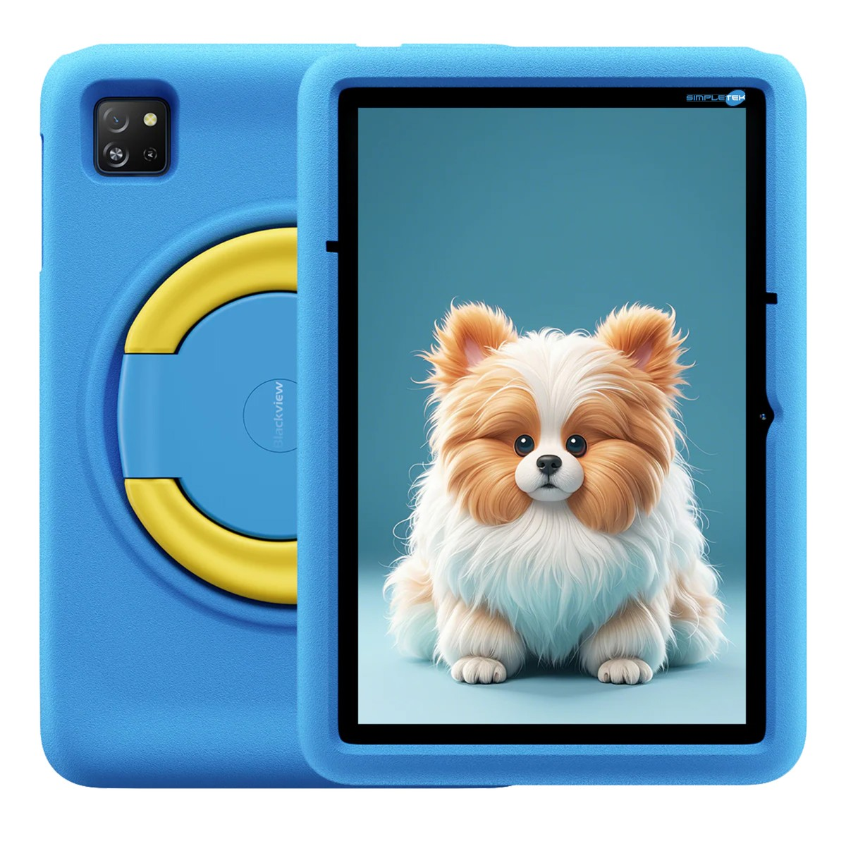 Tablet blu con cucciolo Pomerania carino sullo schermo e manico giallo.