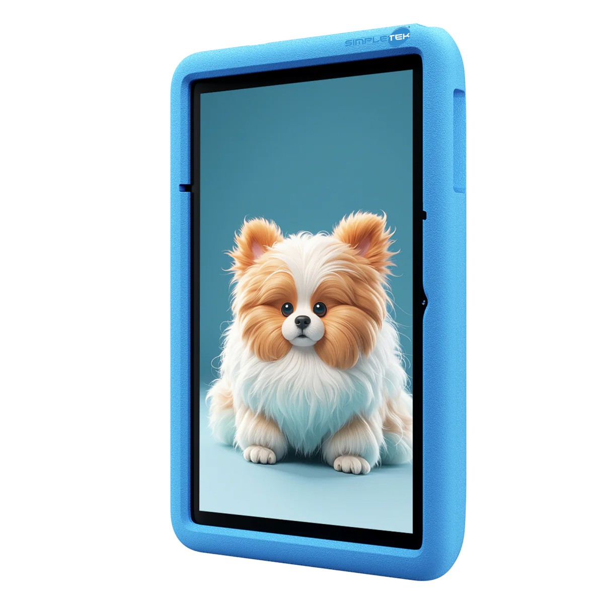 Un cane soffice siede su sfondo blu sullo schermo di un tablet blu.