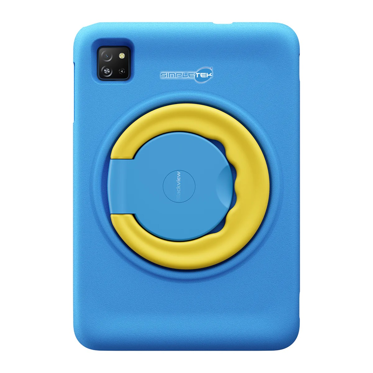 Custodia blu per tablet con manico giallo e logo SimpleTek.