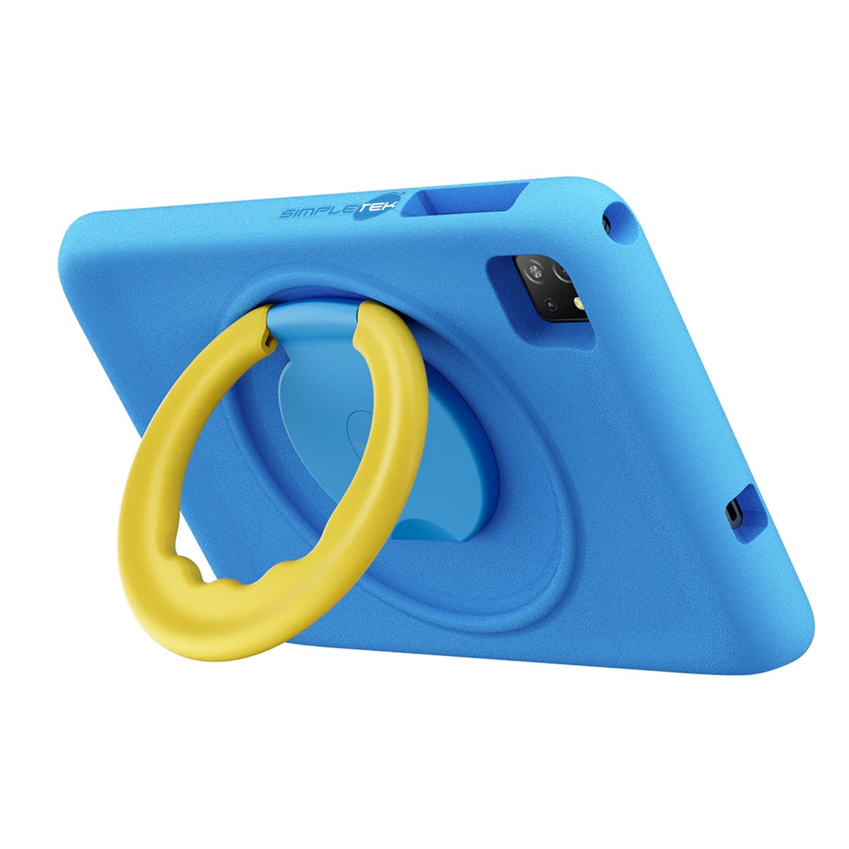 Custodia blu per tablet con manico giallo e ritaglio fotocamera.