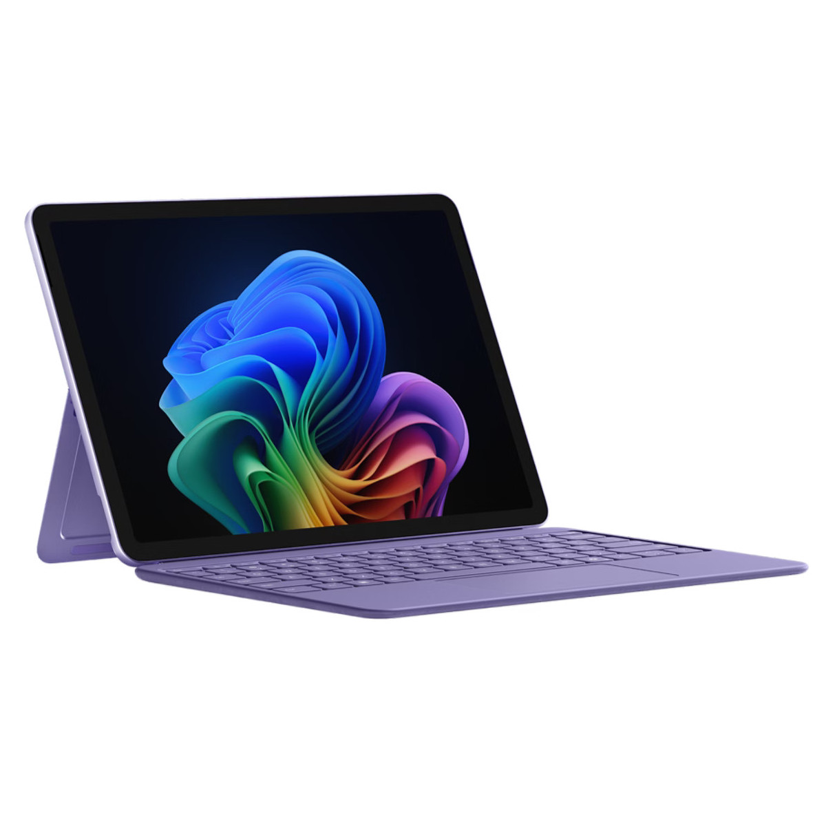 Tablet viola con tastiera e schermo colorato su sfondo bianco.