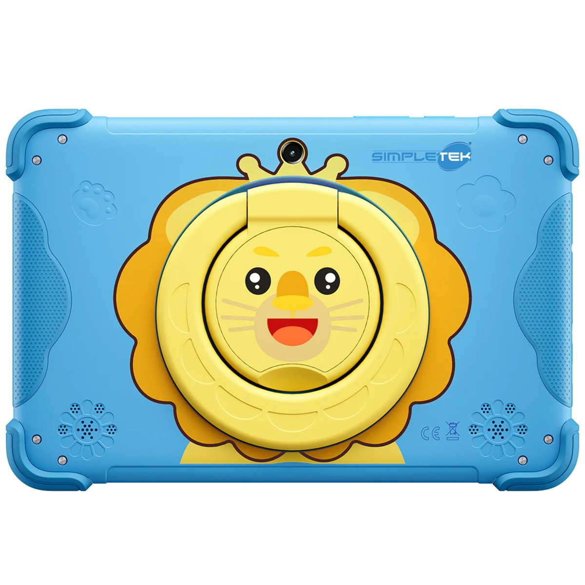 Un tablet blu per bambini con un divertente design da leone e un anello giallo.