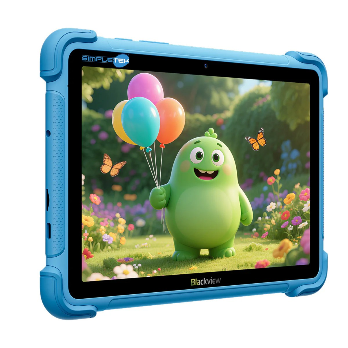 Un tablet blu mostra un personaggio dei cartoni animati verde che tiene palloncini in un giardino fiorito.
