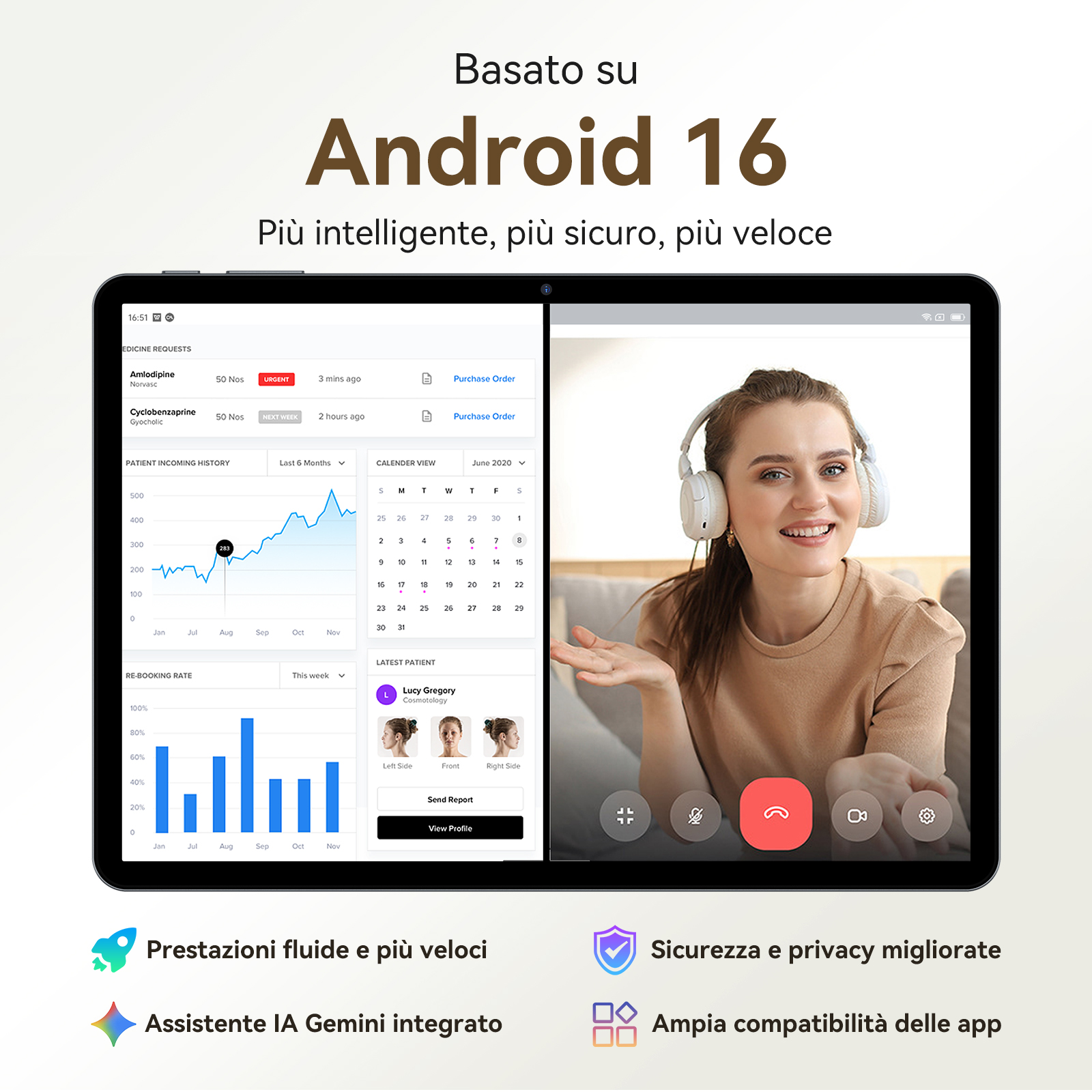 Tablet con Android 16: sinistra dati medici, destra donna con cuffie.