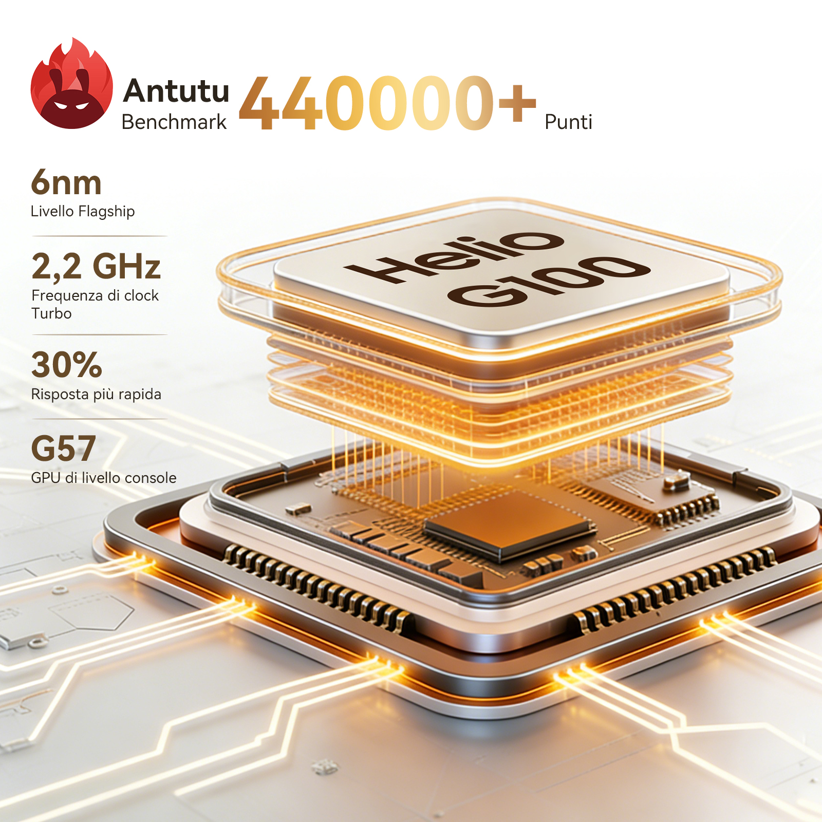 Un processore con etichetta "Helio G100", benchmark AnTuTu 440000+ punti.
