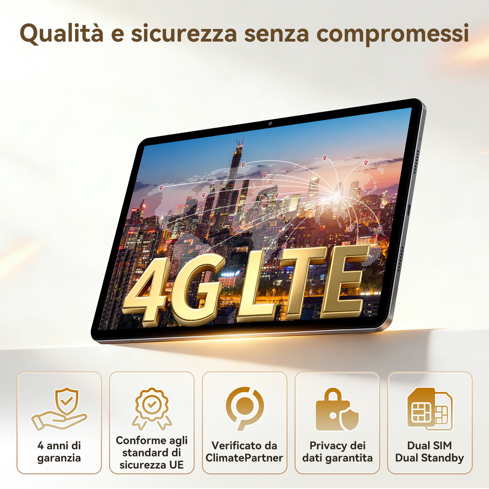 Tablet con 4G LTE su skyline cittadino. Icone garanzia, sicurezza UE, clima, privacy, dual SIM.