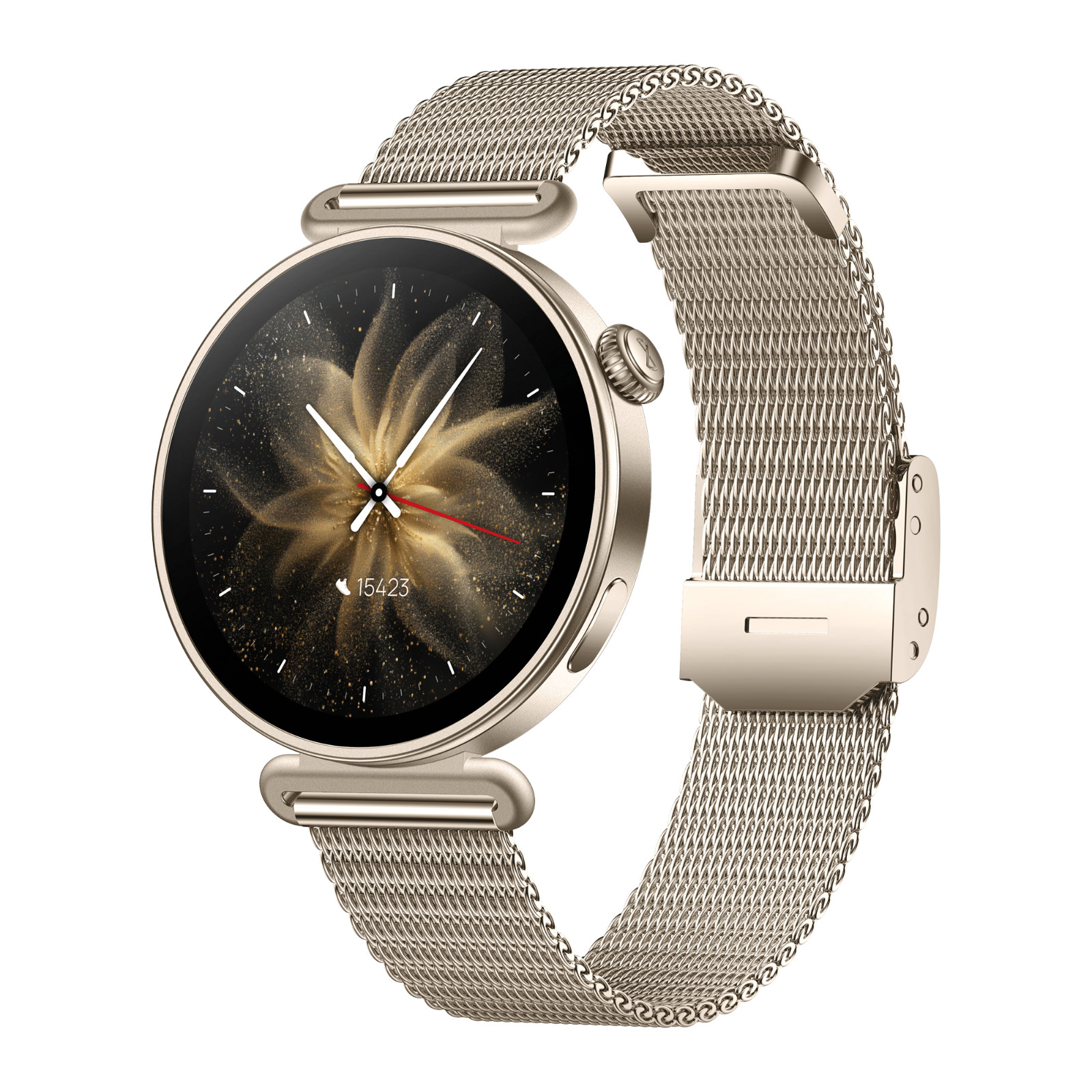 Uno smartwatch dorato con cinturino in rete e quadrante floreale.