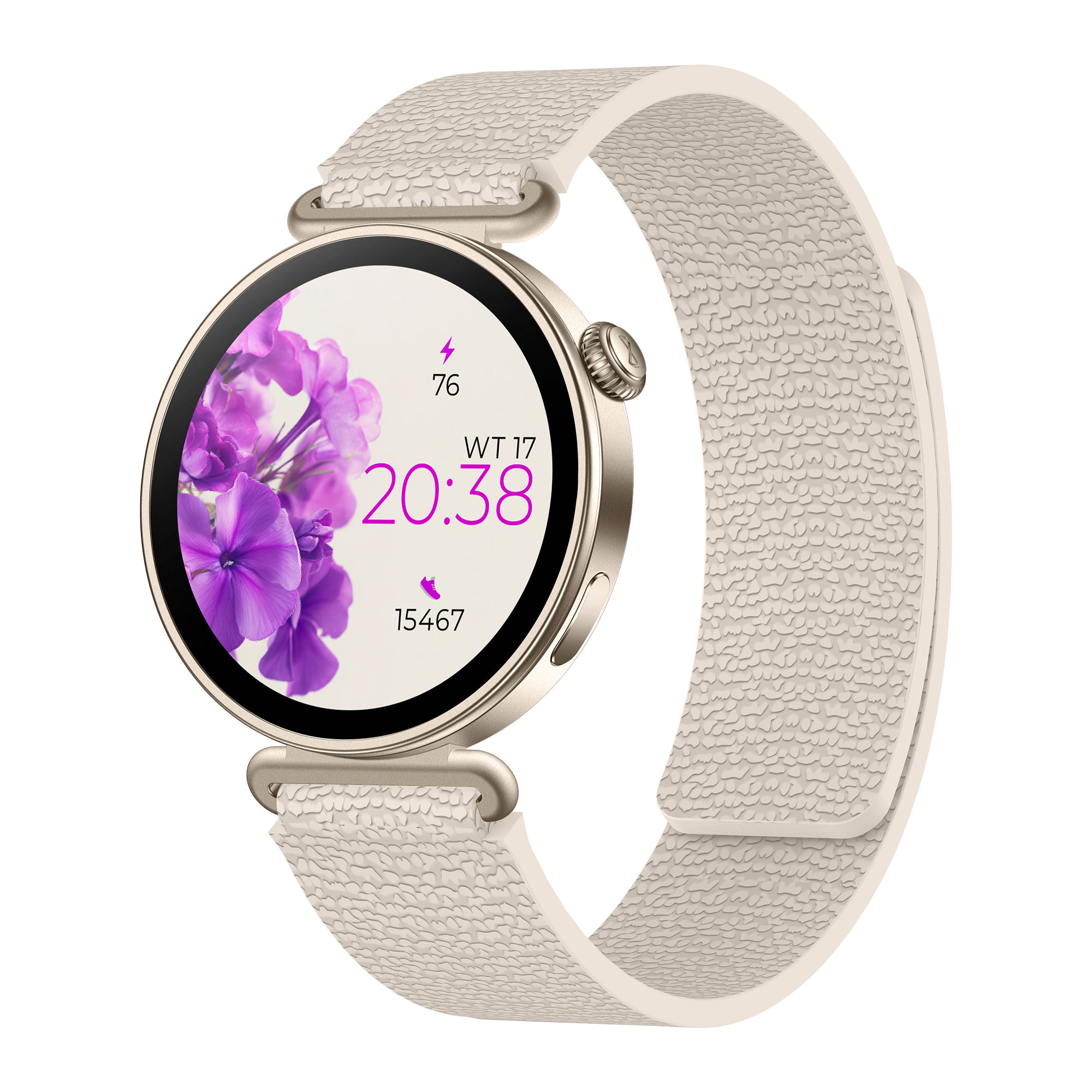 Uno smartwatch dorato con cinturino testurizzato beige. Il quadrante mostra fiori viola e l'ora 20:38.