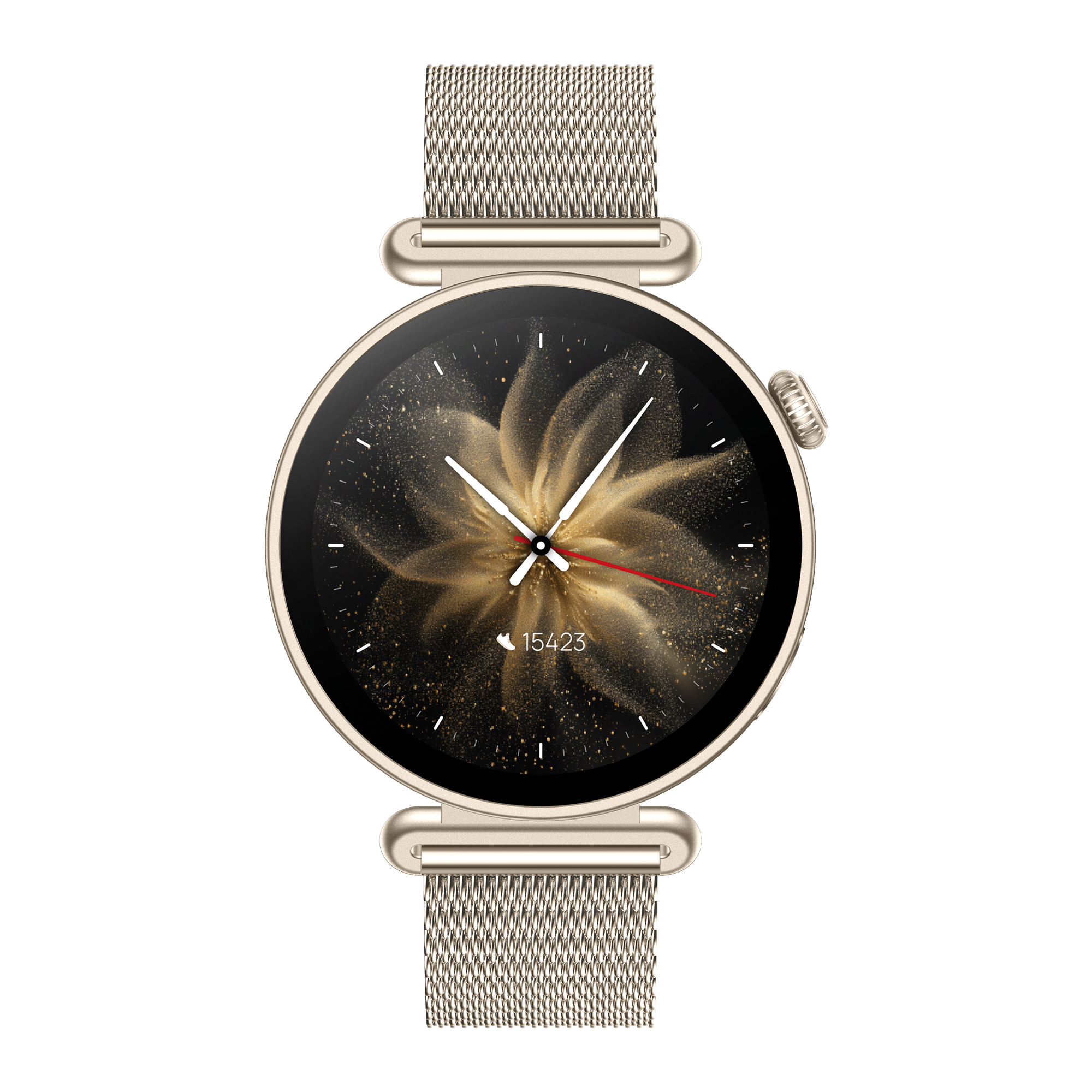 Orologio smart dorato con cinturino a maglie, mostra schermo scuro con disegno floreale dorato e contapassi.