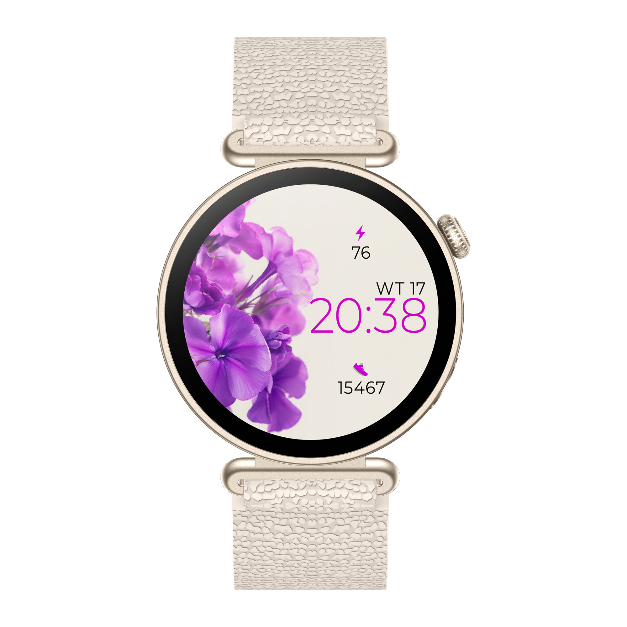 Uno smartwatch dorato con quadrante bianco, fiori viola e ora 20:38.