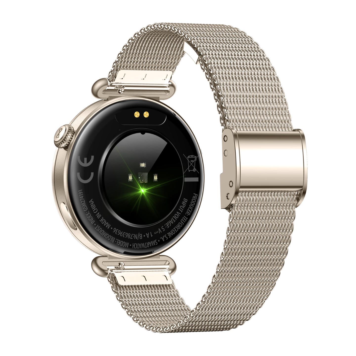 Orologio smart dorato con cinturino milanese, retro con sensori e marchio CE.